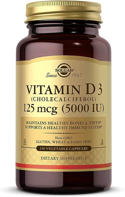 Solgar Vitamin D3 (Cholecalciferol) 125 mcg (5000 IU), 240 Vegetable Capsules - Helps Maintain Healthy Bones & Teeth - Immune System Support - Non-GMO, Gluten Free, Dairy Free, Kosher - 240 Servings