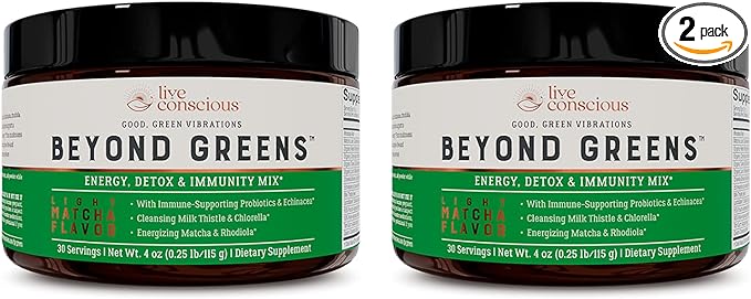 Live Conscious Beyond Greens Concentrated Superfood Powder - Matcha Flavor w/Chlorella, Echinacea, Probiotics for Immune Support & Energy - 30 Servings (2-Pack)