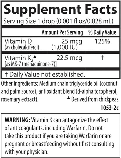 Carlson - Kid's Super Daily D3+K2, 25 mcg (1,000 IU) D3 & 22.5 mcg K2, Vitamin D Drops with Vitamin K2, Liquid Vitamins, 1000 IU Vitamin D3, Heart & Bone Health, 1-Year Supply, Unflavored, 360 Drops