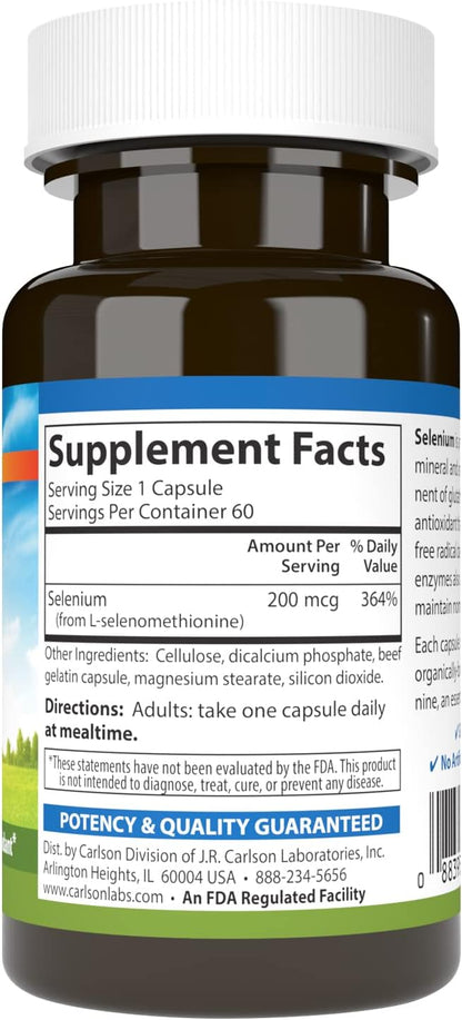 Carlson - Selenium, 200 mcg Yeast-Free, Prostate Health & Immune Support, Antioxidant, 60 Capsules