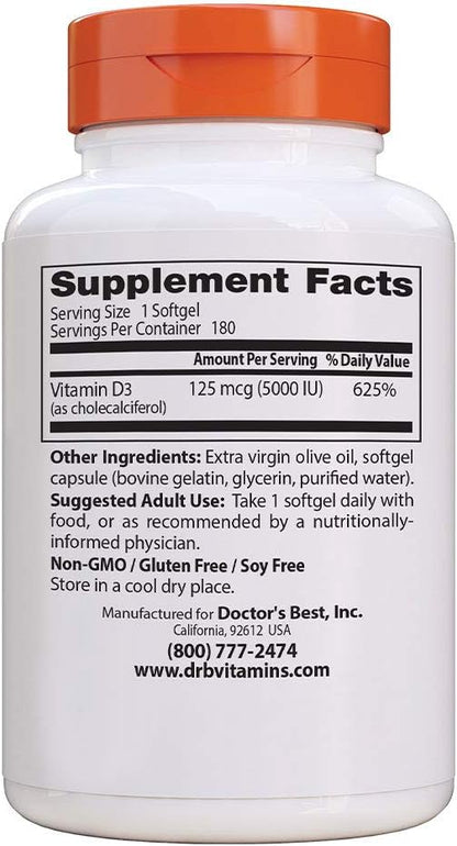 Doctor's Best Vitamin D3 5000IU, Non-GMO, Gluten & Soy Free, Regulates Immune Function, Supports Healthy Bones, White, No Flavour, 180 Count