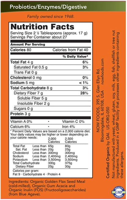 NOW Supplements, Fiber-3, Certified Organic, Non-GMO Project Verified, Psyllium Free, with Organic Golden Flax Meal, Acacia & Inulin, 16-Ounce