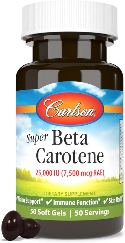 Carlson - Super Beta Carotene, 25000 IU (15 mg), Vitamin A as Beta Carotene, Bioavailable and Bioactive Form, Vision Health, Healthy Skin, 50 Softgels