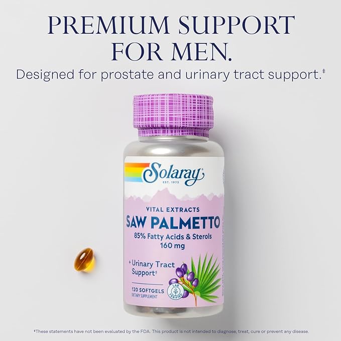 SOLARAY Saw Palmetto Extract - Prostate Health and Urinary Tract Support - 136 mg Fatty Acids and Sterols - Lab Verified, 60-Day Money-Back Guarantee (120 Servings, 120 Softgels)