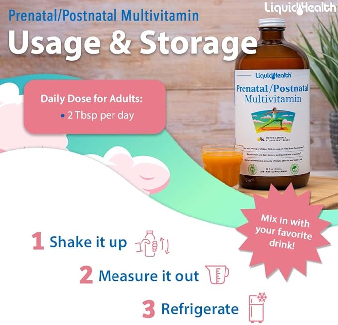 LIQUIDHEALTH Prenatal/Postnatal Multiple Liquid Women's Multivitamin with Real Folate - Pre & Postnatal Vitamins for Before, During, After Pregnancy - Vegan, Sugar-Free, Non GMO, Great Taste (2 Pack)