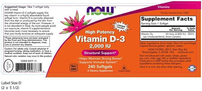 NOW Supplements, Vitamin D-3 2,000 IU, High Potency, Structural Support*, 240 Softgels