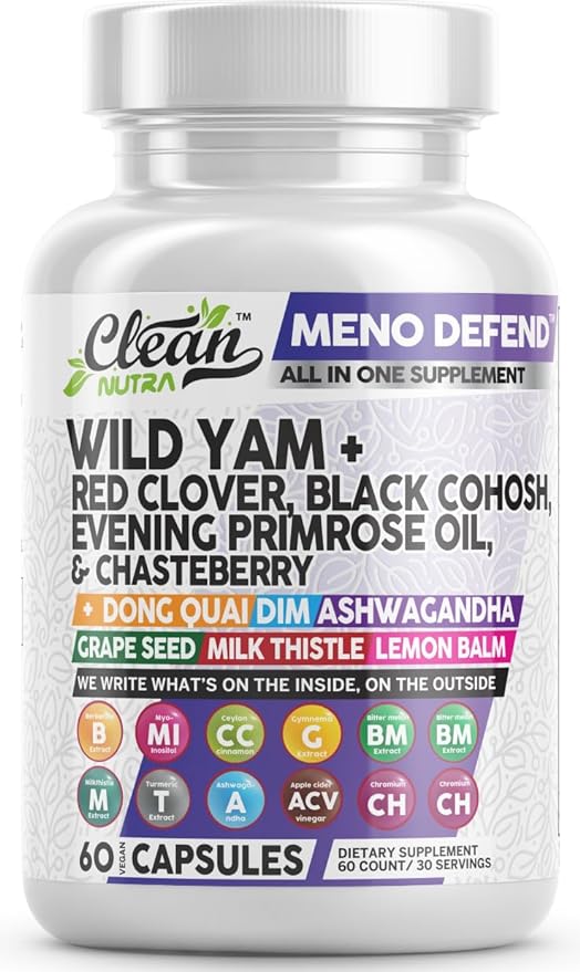 Clean Nutra Wild Yam Red Clover Black Cohosh Supplement with Evening Primrose Oil Chasteberry Dong Quai DIM Ashwagandha Grape Seed Extract Milk Thistle Lemon Balm & More