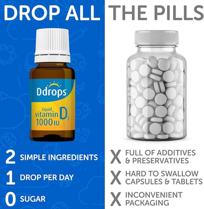 Ddrops Adults 1000 IU 180 Drops, Liquid Vitamin D. Supports Strong Bones & Immune System. No Large Capsules, No Preservatives, Non-GMO, Allergy-Friendly