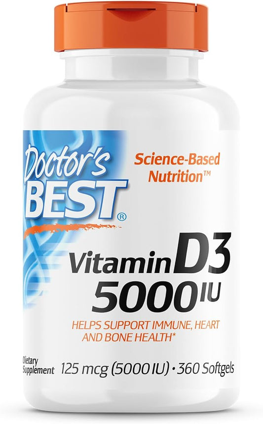 Doctor's Best Vitamin D3 5,000 IU for Healthy Bones, Teeth, Heart and Immune Support, Non-GMO, Gluten-Free, Soy Free, 360 Count (Pack of 1)