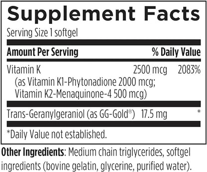 Designs for Health TRI-K - Three Forms of Vitamin K + GG, High Potency Supplement - 2000mcg Vitamin K1, 500mcg K2 MK-4 - Non-GMO + Gluten Free (60 Softgels)