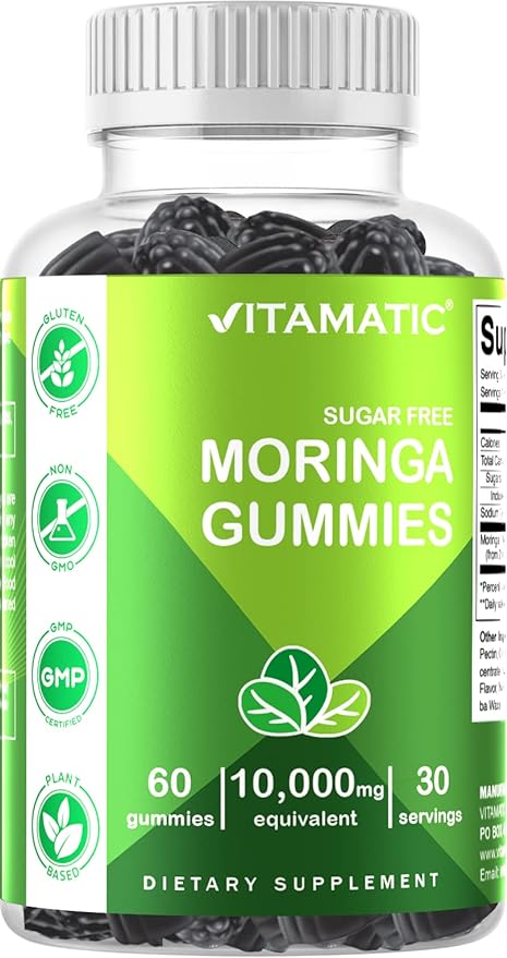 Vitamatic Sugar Free Moringa Gummies - 10000 mg Equivalent per Serving - Complete Green Superfood - 60 Pectin Based Gummies