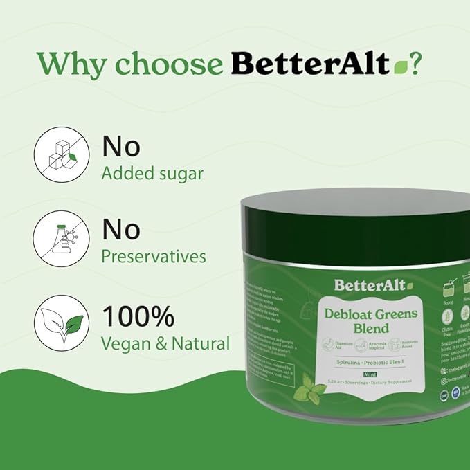 Better Alt Greens Powder, Detox & Debloat with 15 Super Greens Blend of Spirulina, Moringa Powder, Wheatgrass, Pre & Probiotics, Packed with Anti-oxidants, Mint Flavor, No Maltodextrin, 30 Servings