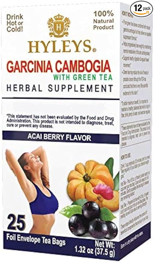 HYLEYS Tea Garcinia Cambogia Green Tea with Acai Berry Flavor - 25 Tea Bags (12 Pack - 300 Tea Bags Total)