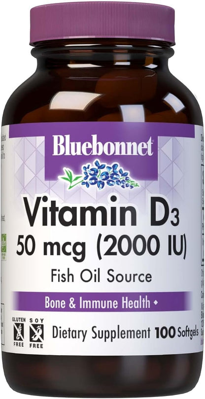 Bluebonnet Vitamin D3 2000 IU Vegetable Capsules, 100 Count (Pack of 1)