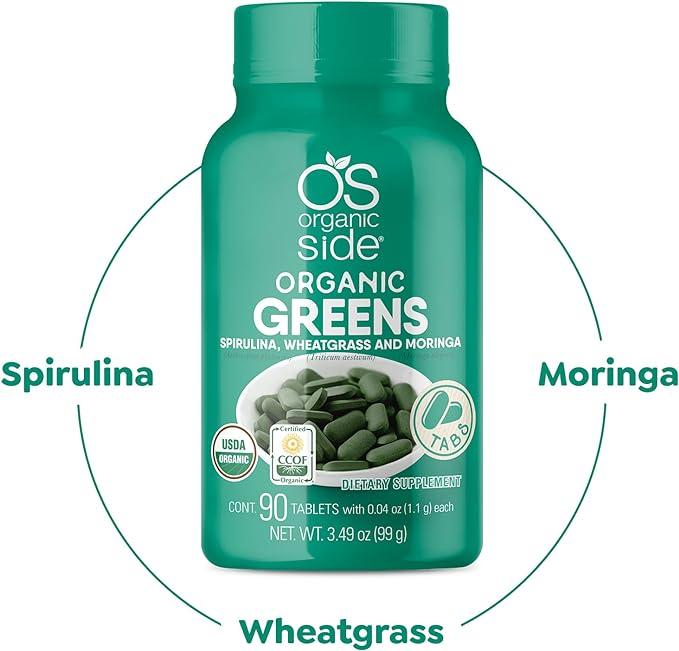 Organic Greens (Spirulina, Wheatgrass & Moringa) 90 Tablets - Rich in Vitamins and Minerals - Super Greens 1100 mg - Certified USDA - Non GMO - Vegan