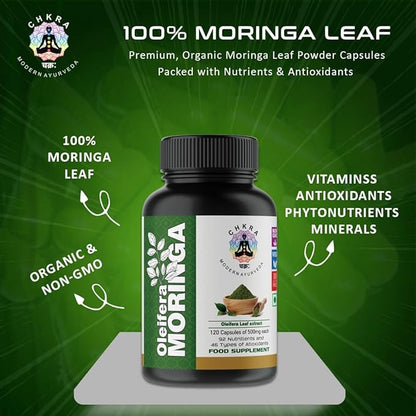 Organic Moringa Capsules | 120 Capsules | Non-GMO and Gluten Free Supplement | Complete Green Superfood | 100% Pure Leaf Powder | Energy, Metabolism and Immune Support