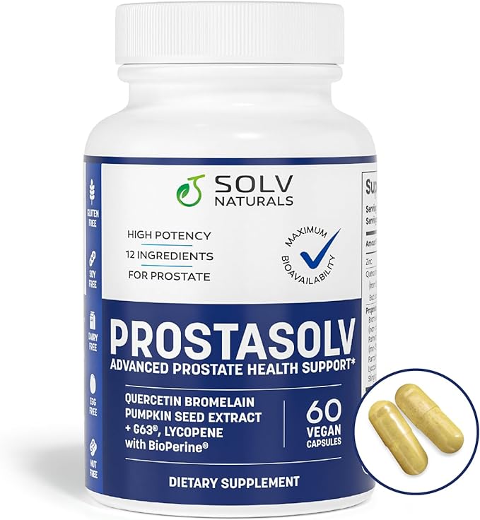 SOLV PROSTASOLV Prostate Support for Men's Health - Urinary & Prostate Health Formula with Quercetin, Bromelain, Beta-Sitosterol, Saw Palmetto for Pelvic & Prostate Comfort -60 Caps