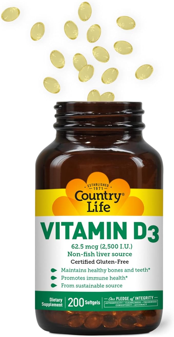 Country Life Vitamin D3, Non-Fish 2500 IU, 200 Softgels, Certified Gluten Free