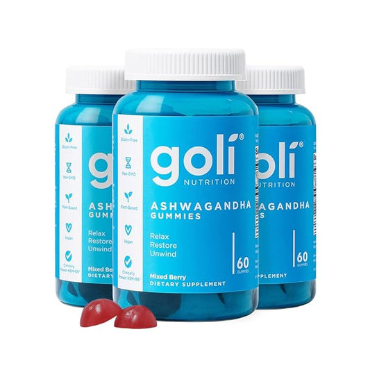 Goli Ashwagandha & Vitamin D Gummy - 180 Count - Mixed Berry, KSM-66, Vegan, Plant Based, Non-GMO, Gluten-Free & Gelatin Free Relax. Restore. Unwind, Pack of 3