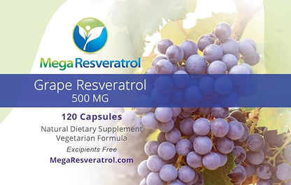 Mega Resveratrol Red Grape Skin, Piceid Resveratrol, Water-Soluble/High Absorption/Boosts Nitric Oxide. 500mg per Capsule. Purity Certified. NO Toxic “inactive” Ingredients. Keto, Vegan, Non-GMO.