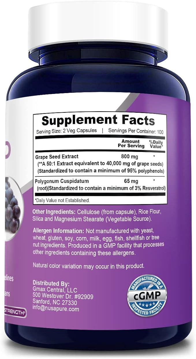 NusaPure Grape Seed Extract 40,000mg per Caps, 200 Vegan Capsules, Standardized, Non-GMO, Gluten Free, Resveratrol