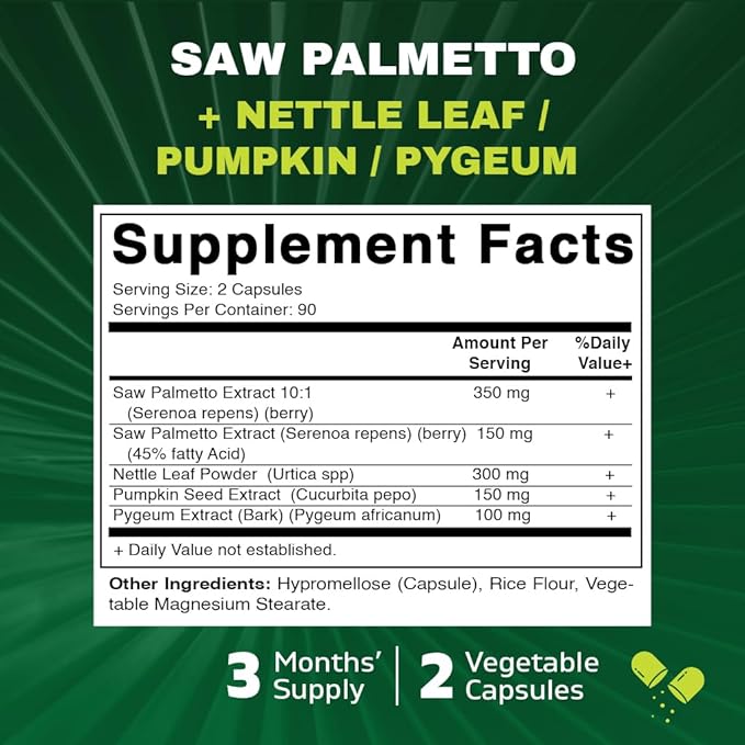 Vitamatic Saw Palmetto Extract for Men & Women 180 Veg Capsules - Made with Pumpkin Seed, Pygeum, Nettle Leaf - Made in The USA - Promotes Healthy Prostate Function