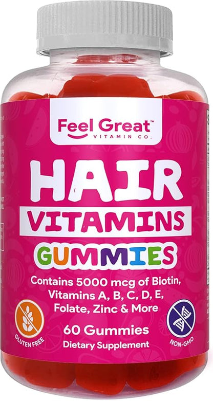 Hair Gummy Vitamins with Biotin 5000 mcg Vitamin A, D, E & C to Support Hair Growth & Healthy Hair That is Longer, Stronger & Beautiful | Biotin Gummies | Pectin-Based Hair Growth Supplement