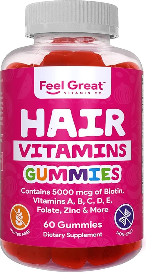 Hair Gummy Vitamins with Biotin 5000 mcg Vitamin A, D, E & C to Support Hair Growth & Healthy Hair That is Longer, Stronger & Beautiful | Biotin Gummies | Pectin-Based Hair Growth Supplement