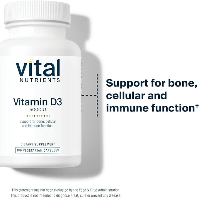 Vital Nutrients Vitamin D 5000 IU | Vitamin D3 Supplement | Healthy Bones, Teeth, Muscles*| Cellular & Immune Function | Calcium Absorption | Gluten, Dairy and Soy Free | 180 Capsules