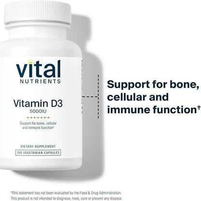 Vital Nutrients Vitamin D 5000 IU | Vitamin D3 Supplement | Healthy Bones, Teeth, Muscles*| Cellular & Immune Function | Calcium Absorption | Gluten, Dairy and Soy Free | 180 Capsules