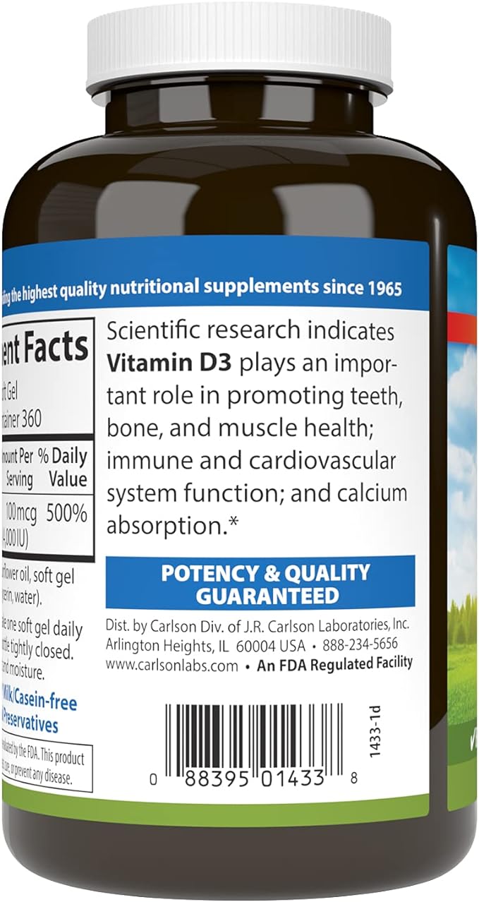 Carlson - Vitamin D3, 4000 IU (100 mcg), Bone & Immune Health, Cholecalciferol Supplement, Gluten Free Vitamin D Capsules, 360 Softgels