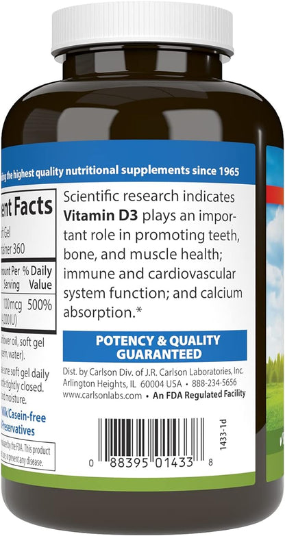 Carlson - Vitamin D3, 4000 IU (100 mcg), Bone & Immune Health, Cholecalciferol Supplement, Gluten Free Vitamin D Capsules, 360 Softgels