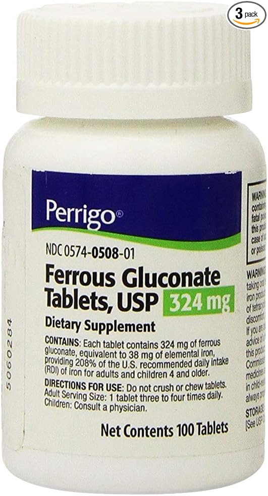 Perrigo Ferrous Gluconate Green Tablets, 324mg, 100ct (3 Pack)