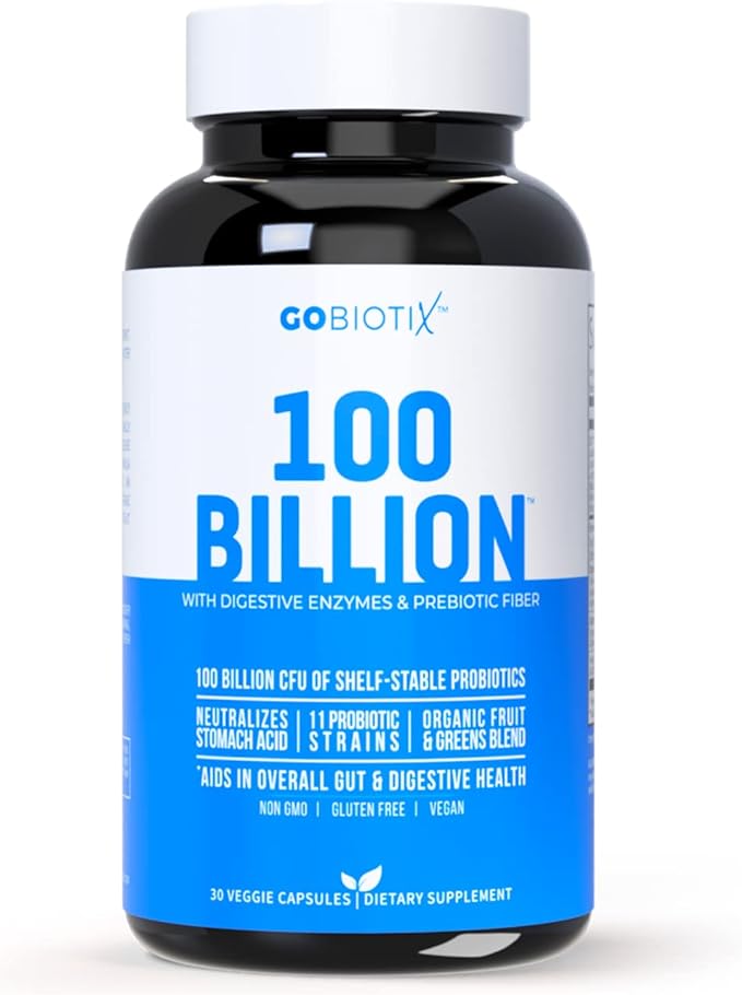 100 Billion - Probiotics and Prebiotics Supplement Pills - Digestive Enzymes and Prebiotic Fiber Blend - 100 Billion CFU - Organic Fruit and Greens Blend - Vegan, Non GMO - 30 Capsules