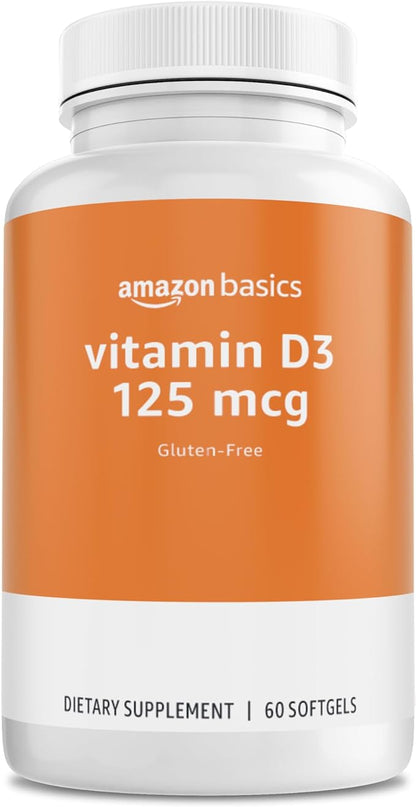 Amazon Basics Vitamin D3 125 mcg, 60 Softgels (1 per serving), Gluten Free