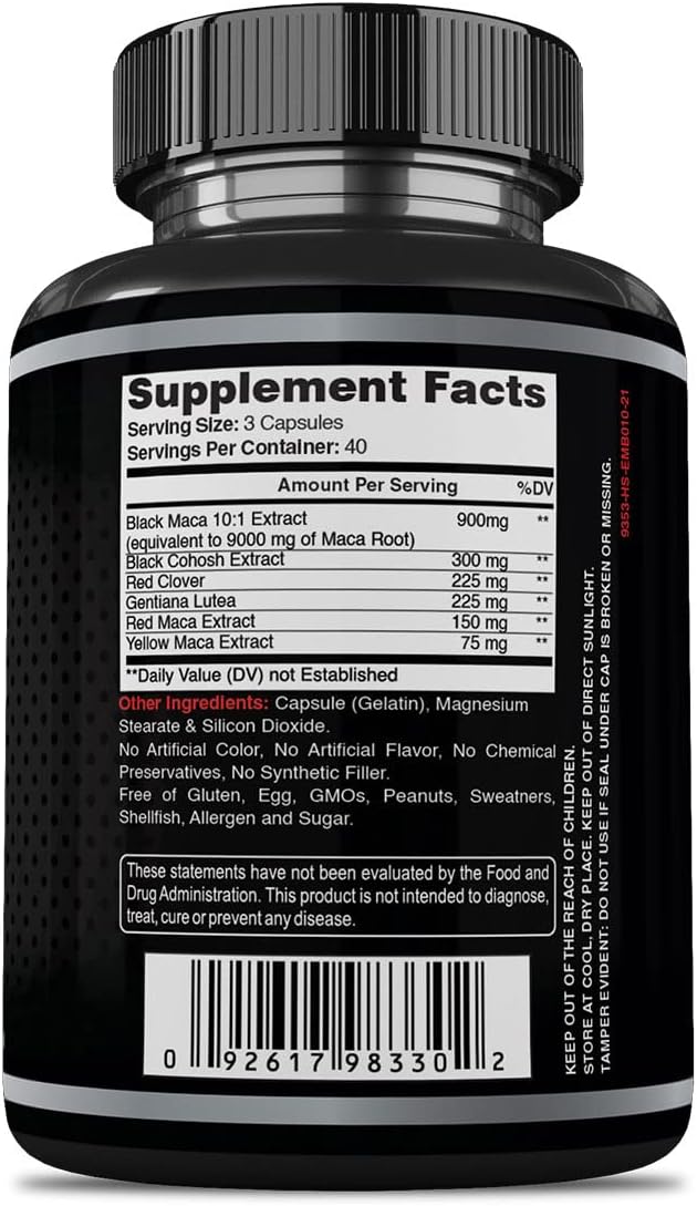 Supreme Maca Capsules 9000 mg, Powerful Black Maca Root Extract, Premium Strength - with Red Maca, Yellow Maca, Black Cohosh, Red Clover & More - Extremely Potent, 120 Capsules