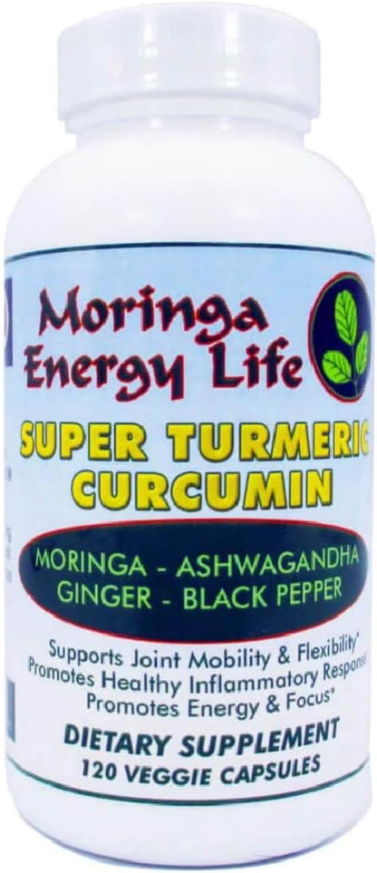 Moringa Super Turmeric Capsules 120, Natural Superfood Supplement for Moringa Oleifera Leaf, Curcumin, Black Pepper, Ashwagandha, Ginger. Gluten-Free, Vegan