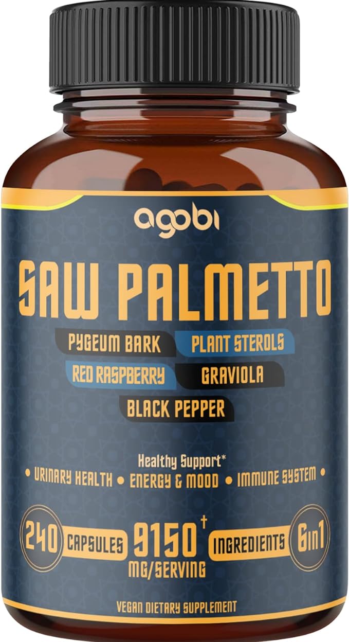 6IN1 Organic Saw Palmetto Berry Supplements for Women & Men, Equivalent 9150mg with Pygeum, Red Raspberry, Graviola & More - Hair, Nails & Body Support - 240 Vegan Capsules for 8 Months