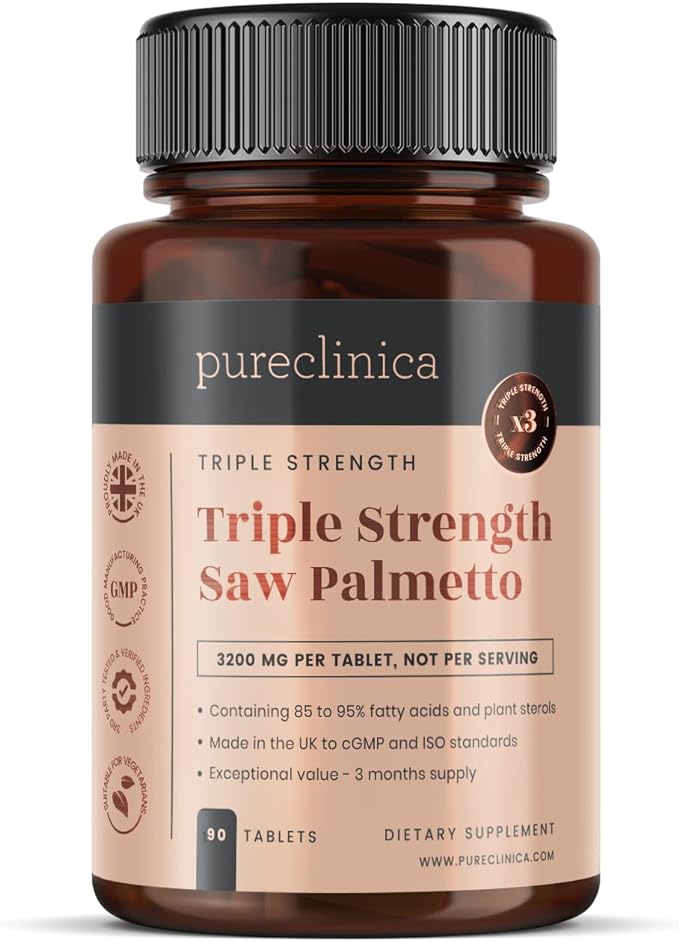 Pureclinica High Potency Saw Palmetto 3200mg x 90 Tablets - 3 Months Supply - 95% Fatty Acids - up to 10 x Stronger