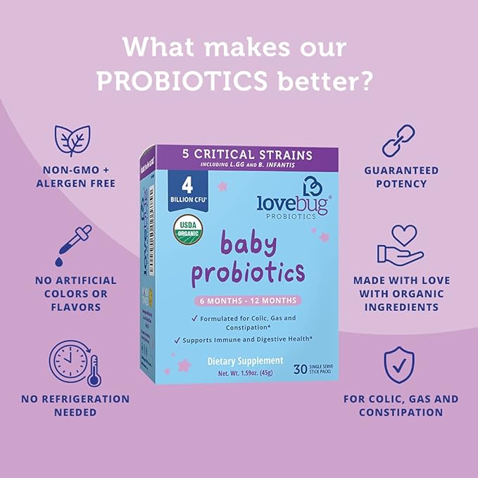 Lovebug Award Winning USDA Organic Probiotic for Babies | Multi-Strain 4 Billion CFU | Easy-to-Take Powder | Sugar Free | Ages 6-12 Months | 30 Packets