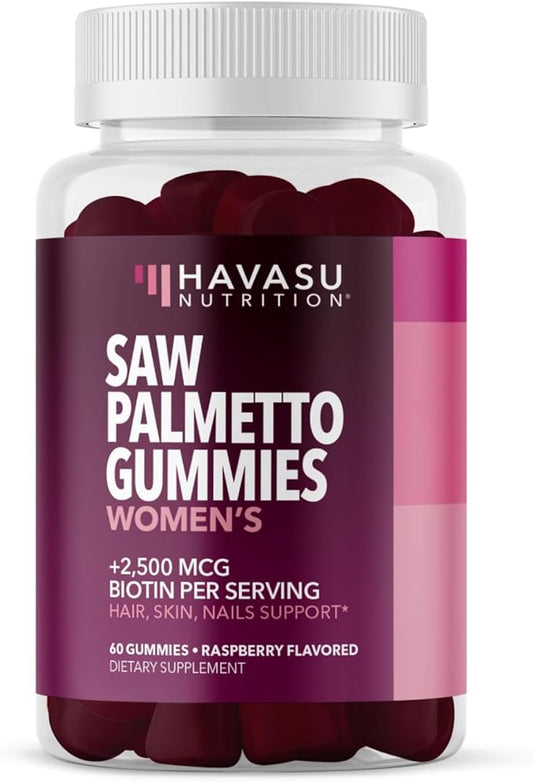 Saw Palmetto for Women + 2500 mcg Biotin Gummies | DHT Blocker and Biotin Gummies for Hair Skin and Nails | Supports Stronger Appearance of Hair for Women Post-Partum | 60 Vegan Saw Palmetto Gummies