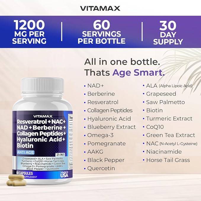 Vitamax Resveratrol NAD+ Berberine Hyaluronic Acid - Biotin Grape & Blueberry + NAC - Collagen Peptides - Hair, Nail, Skin & Joint Supplement - 21-in-1 Women and Men - Made in USA - 120 Count