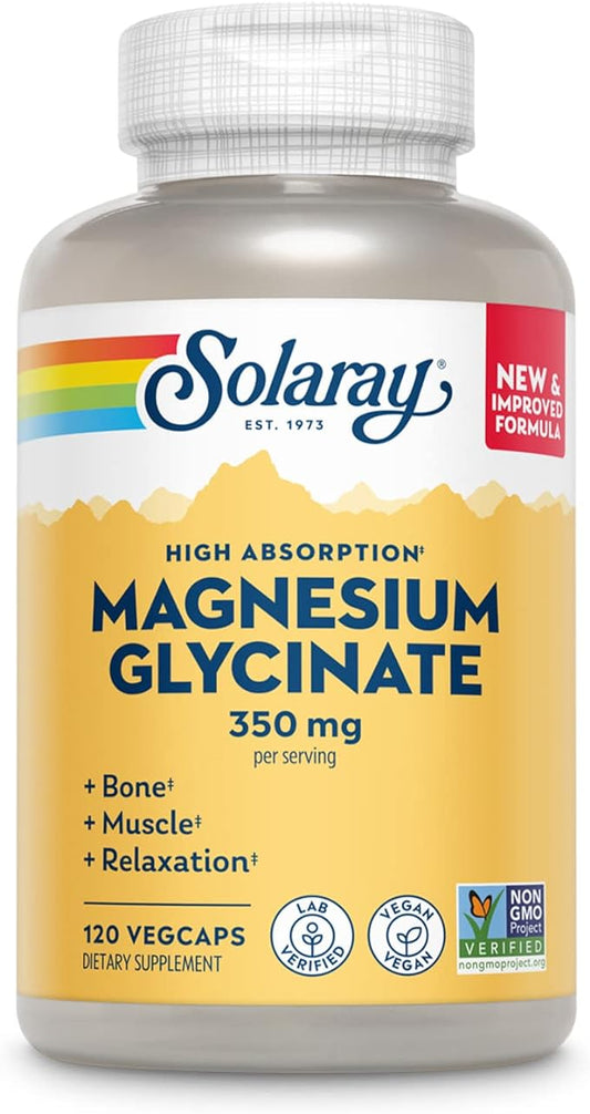 Solaray Magnesium Glycinate, New & Improved Fully Chelated Bisglycinate with BioPerine, High Absorption Formula, Stress, Bones, Muscle & Relaxation Support, 60 Day Guarantee (30 Servings, 120 VegCaps)