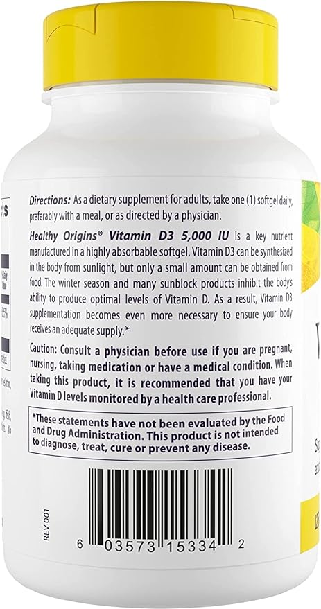 Healthy Origins Vitamin D3 (Lanolin) 5,000 IU - Bone Health and Immune Support Supplement - Easily Absorbable Vitamin D Supplements - Gluten-Free Vitamin D3 Supplement - 120 Softgels