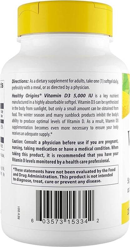 Healthy Origins Vitamin D3 (Lanolin) 5,000 IU - Bone Health and Immune Support Supplement - Easily Absorbable Vitamin D Supplements - Gluten-Free Vitamin D3 Supplement - 120 Softgels