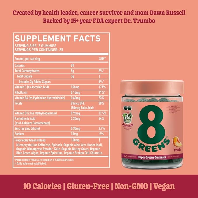 8Greens Daily Green Gummies - Superfood Booster, Energy & Immune Support, Made with Real Greens, High in Antioxidants, Greens Powder, Vitamin C, B12 - Peach Flavored, 50 Vegan Gummies, Pack of 3