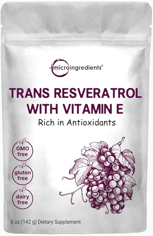 Pure Trans-Resveratrol Powder with Natural Vitamin E, 5 Ounce, 2 in 1 Formula, Micronized Powder for Better Absorption, Premium Resveratrol Supplement, Super Antioxidant, Vegan Friendly