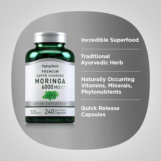 Piping Rock Moringa Oleifera Capsules 6000mg | 240 Count | Leaf Concentrated Extract | Herbal Supplement | Non-GMO, Gluten Free