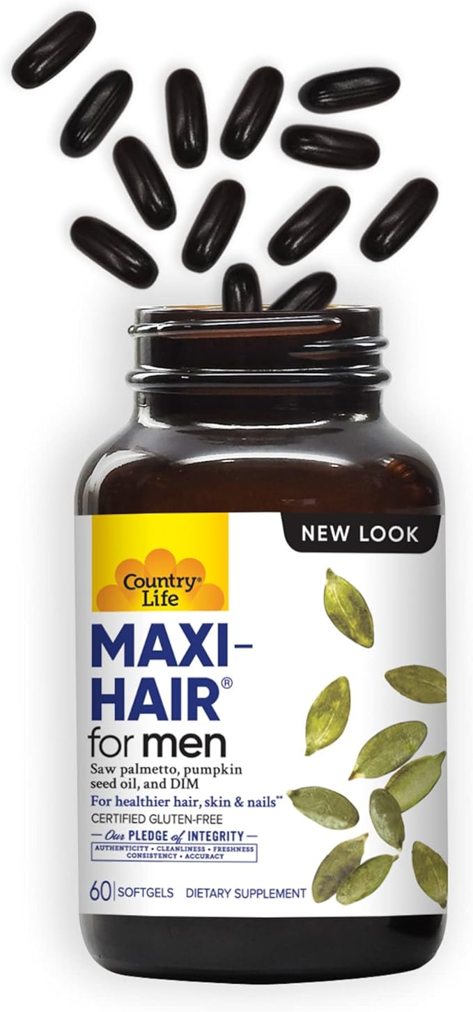 Country Life Maxi-Hair for Men with Saw Palmetto, DIM & Biotin, Hair Support, 60 Softgels, Certified Gluten Free