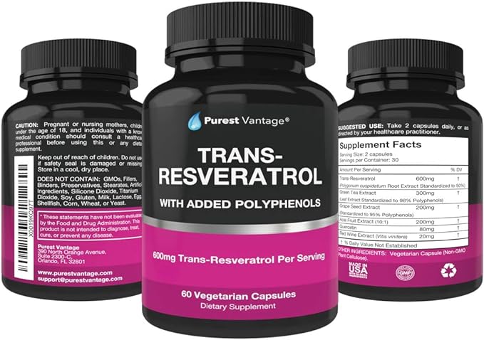 Resveratrol Supplement - Potent 1400mg Formula with Trans Resveratrol, Quercetin, Grape Seed, Green Tea, Acai and Red Wine Extract - 60 Veggie Capsules